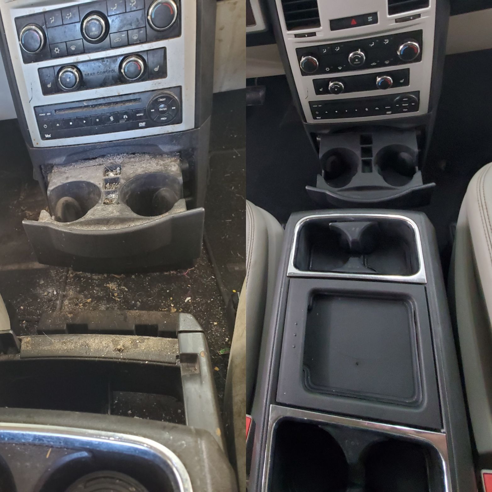 Car interior center console with dual cup holders, storage bins, and climate control panels