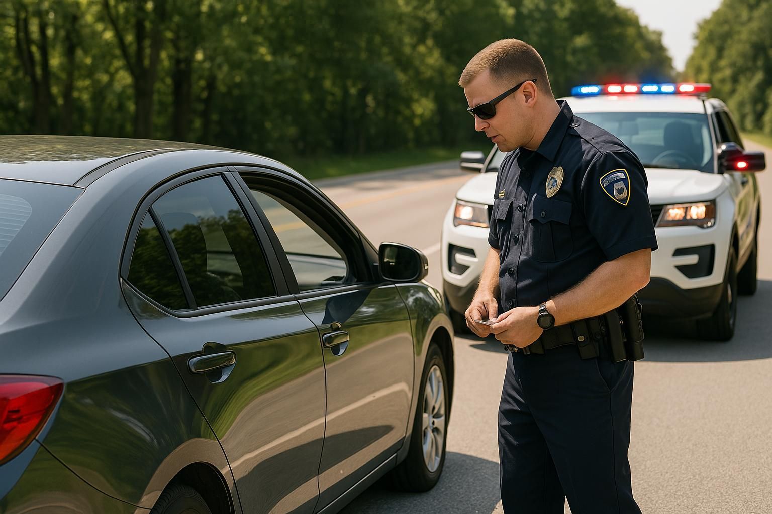 Police officer talking to driver beside a dark sedan, with patrol car lights flashing behind on a roadside.