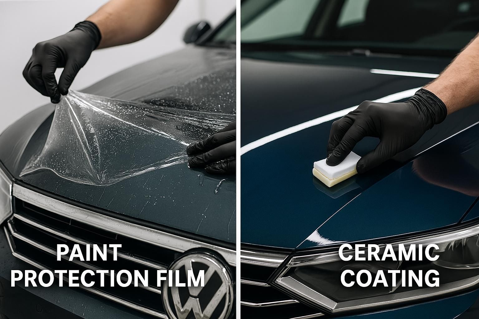 Side-by-side car paint protection film and ceramic coating application on a dark green hood