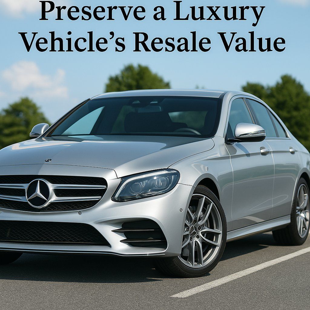 Silver Mercedes sedan on a road with text: “Preserve a Luxury Vehicle’s Resale Value”