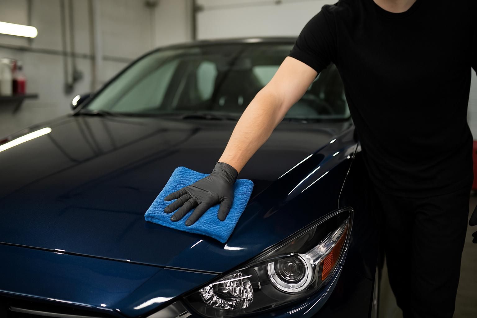 Person wiping a dark blue car hood with a blue cloth in a garage