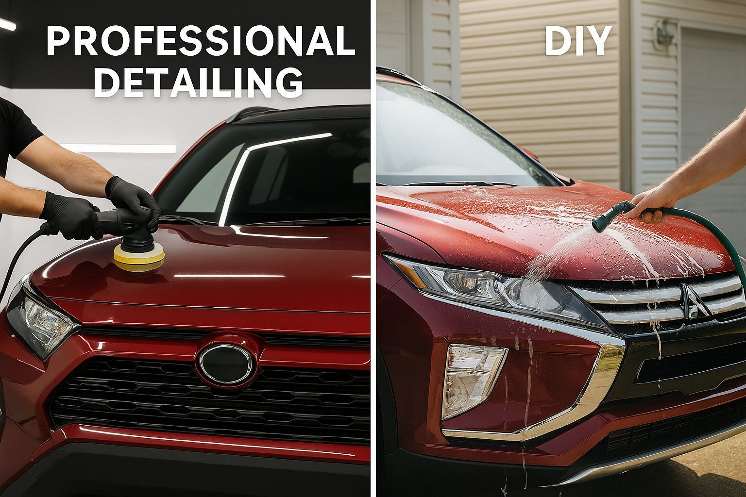 Split image showing professional detailing vs DIY car wash on a red car with foam and a buffer.