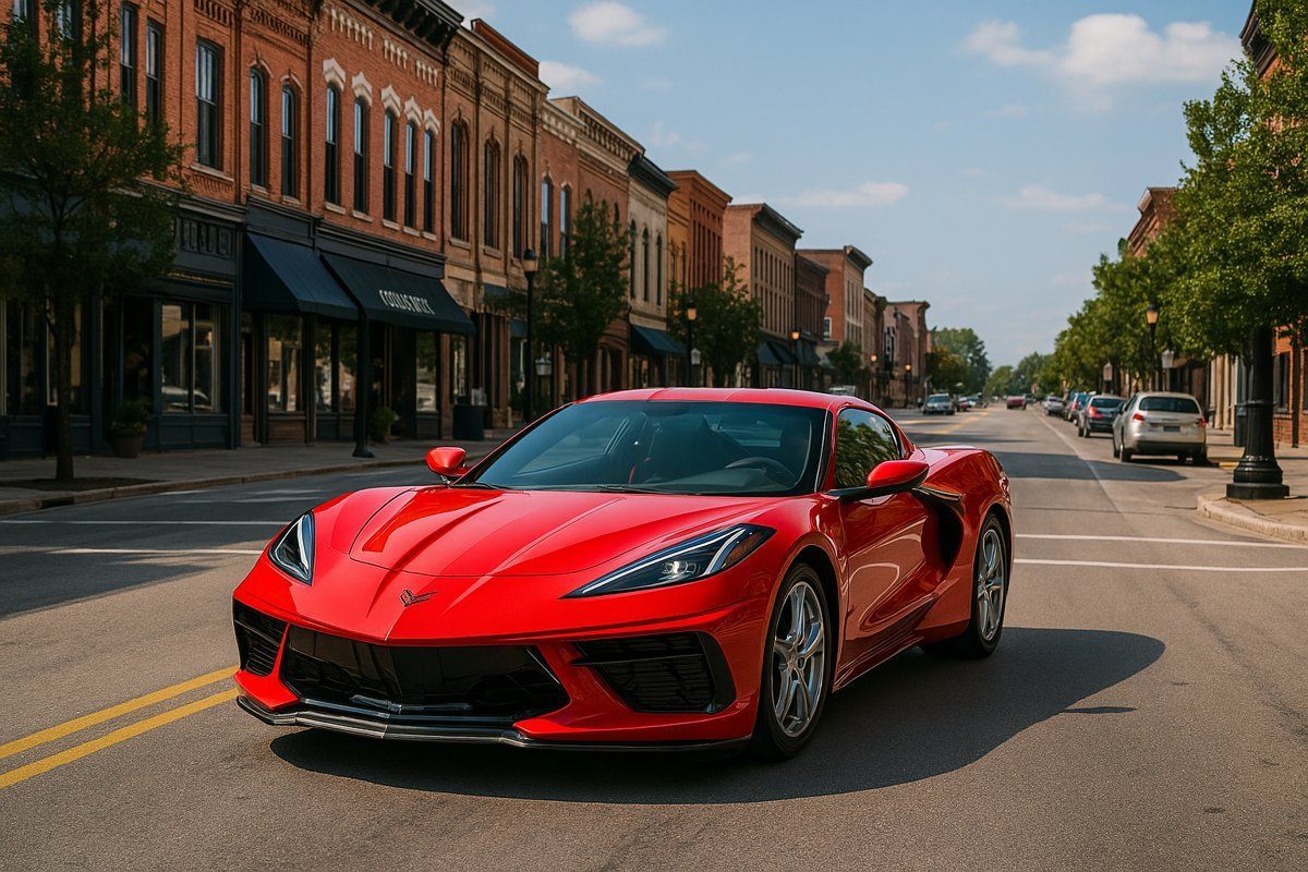 Red sports car driving down a small-town street with brick storefronts on both sides