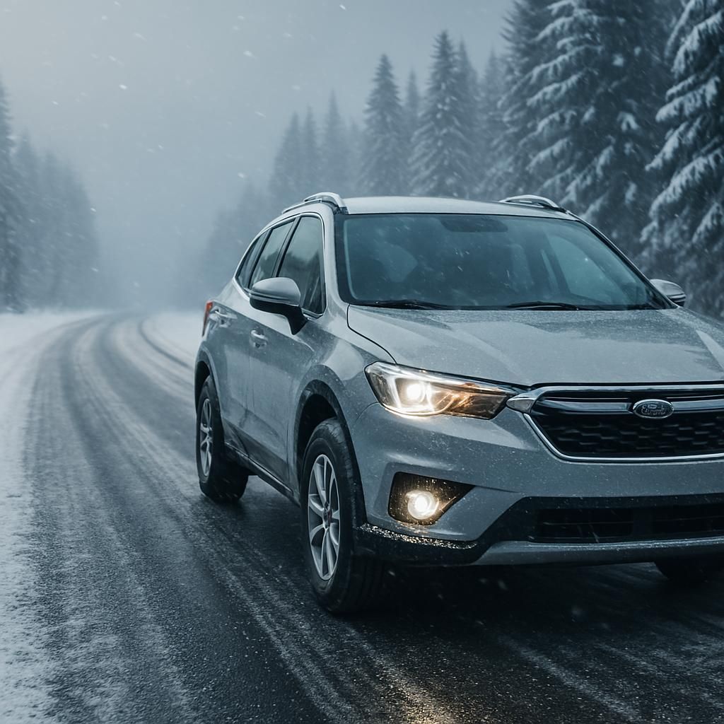 Silver SUV driving on a snowy forest road in falling snow