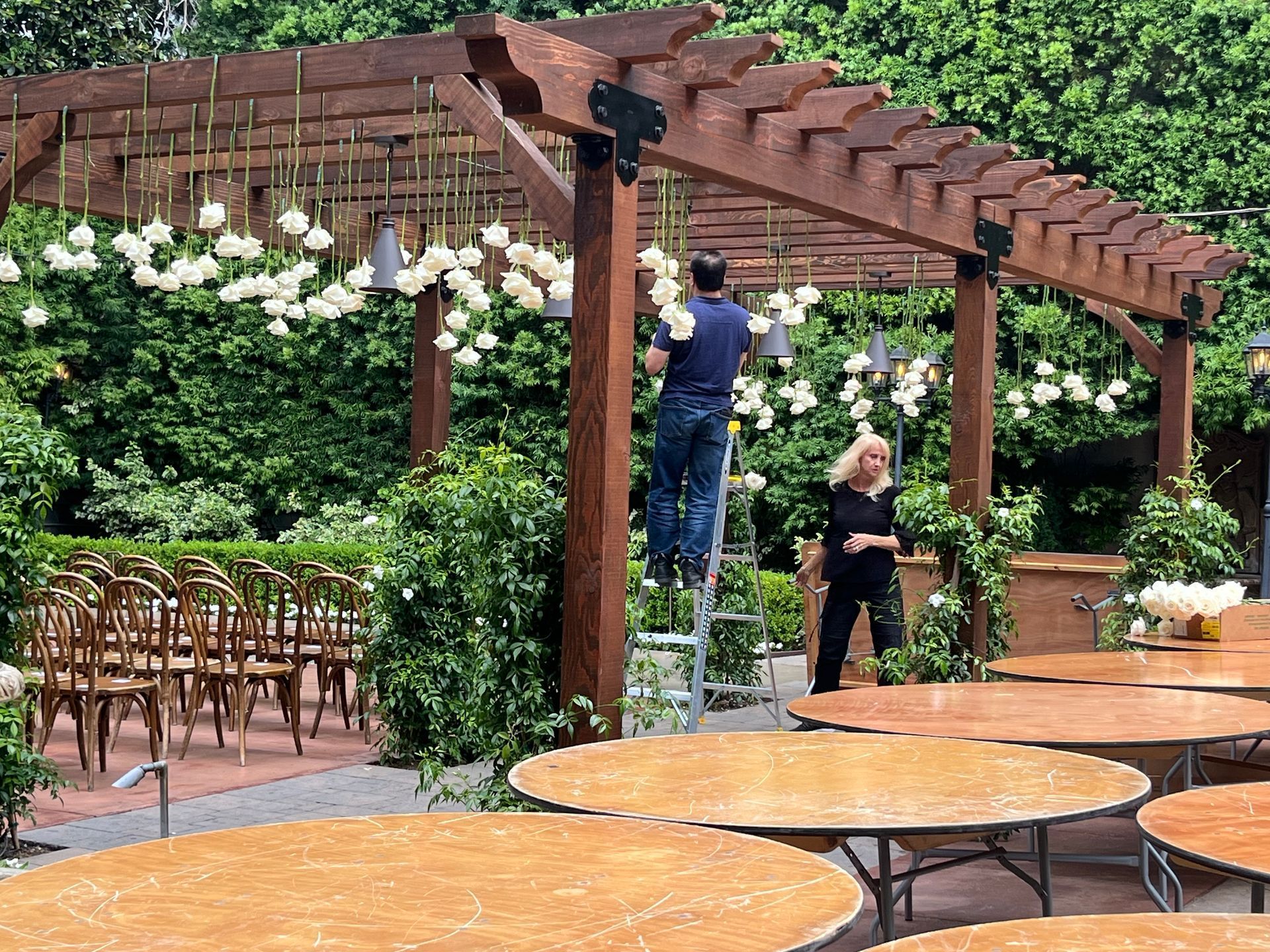 A man is standing on a ladder under a wooden pergola.