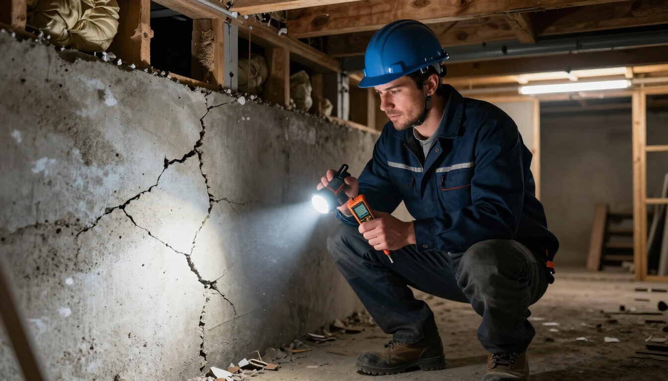 Contractor inspecting structural damage