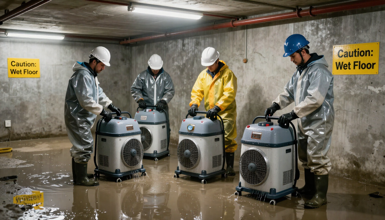 Professional water damage restoration technicians at work.