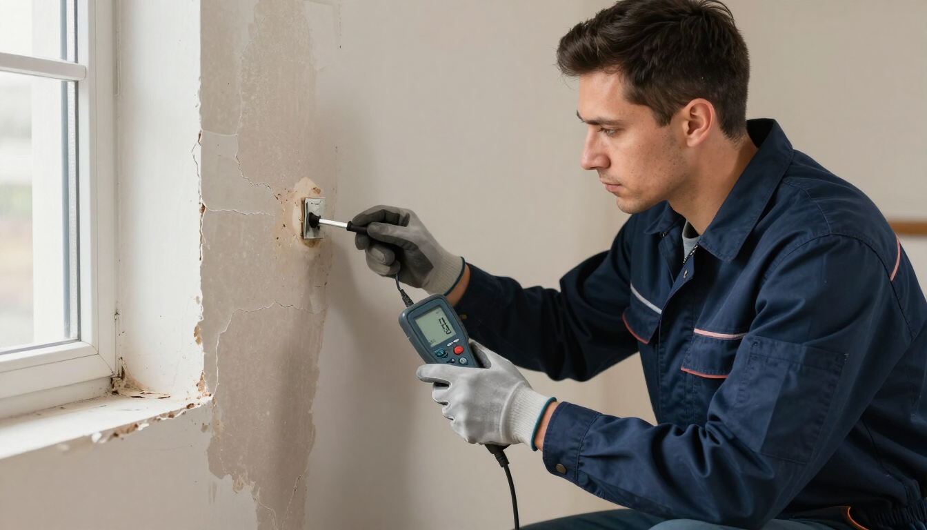 Technician using moisture meter