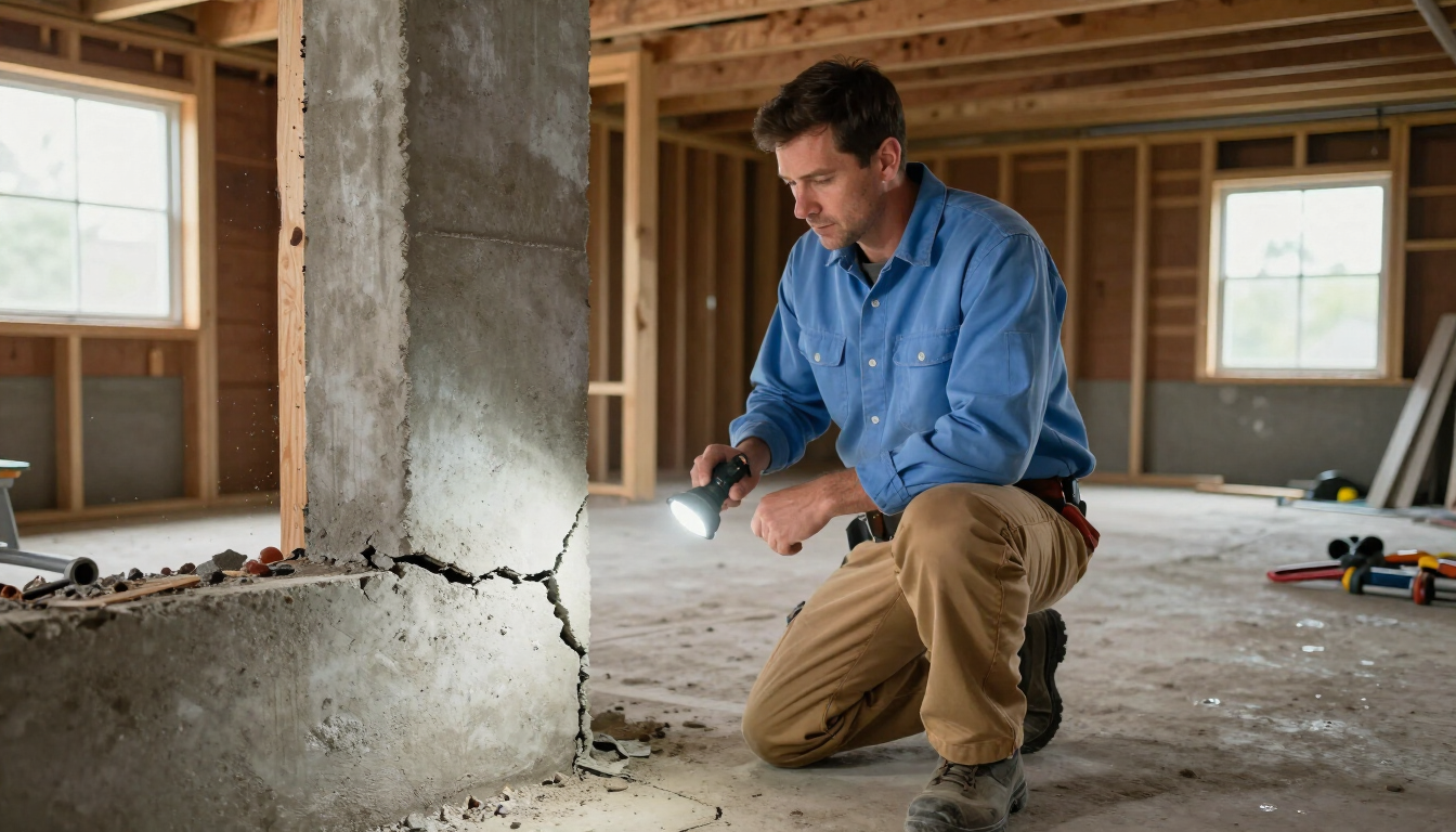 Contractor inspecting home foundation for structural integrity.
