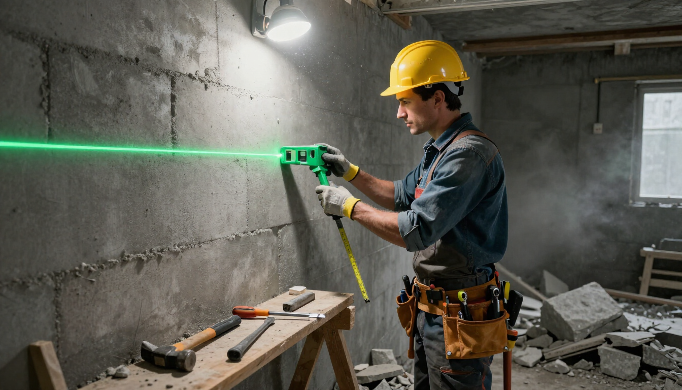 Professional contractor inspecting home foundation