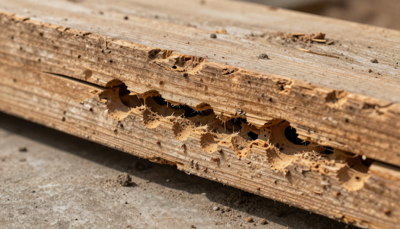Termite damage to a wooden foundation beam.