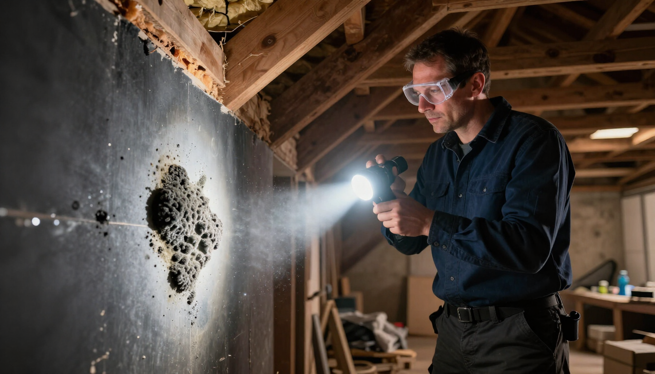 Hidden toxic mold discovered behind a wall during a professional home inspection in Maryland.