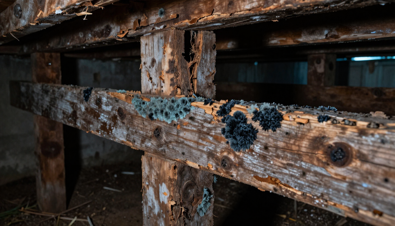 Structural mold damage on wooden joists.