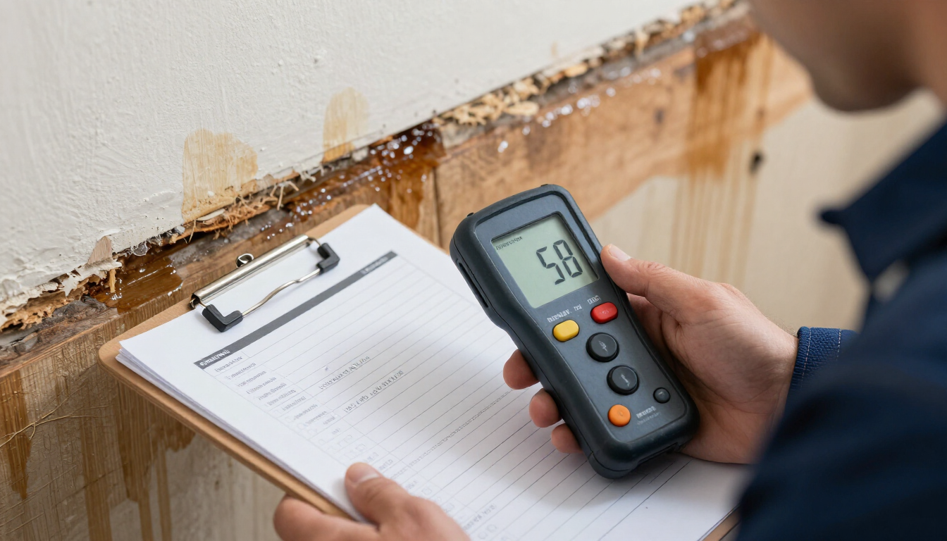 Professional water damage documentation with moisture meter and clipboard