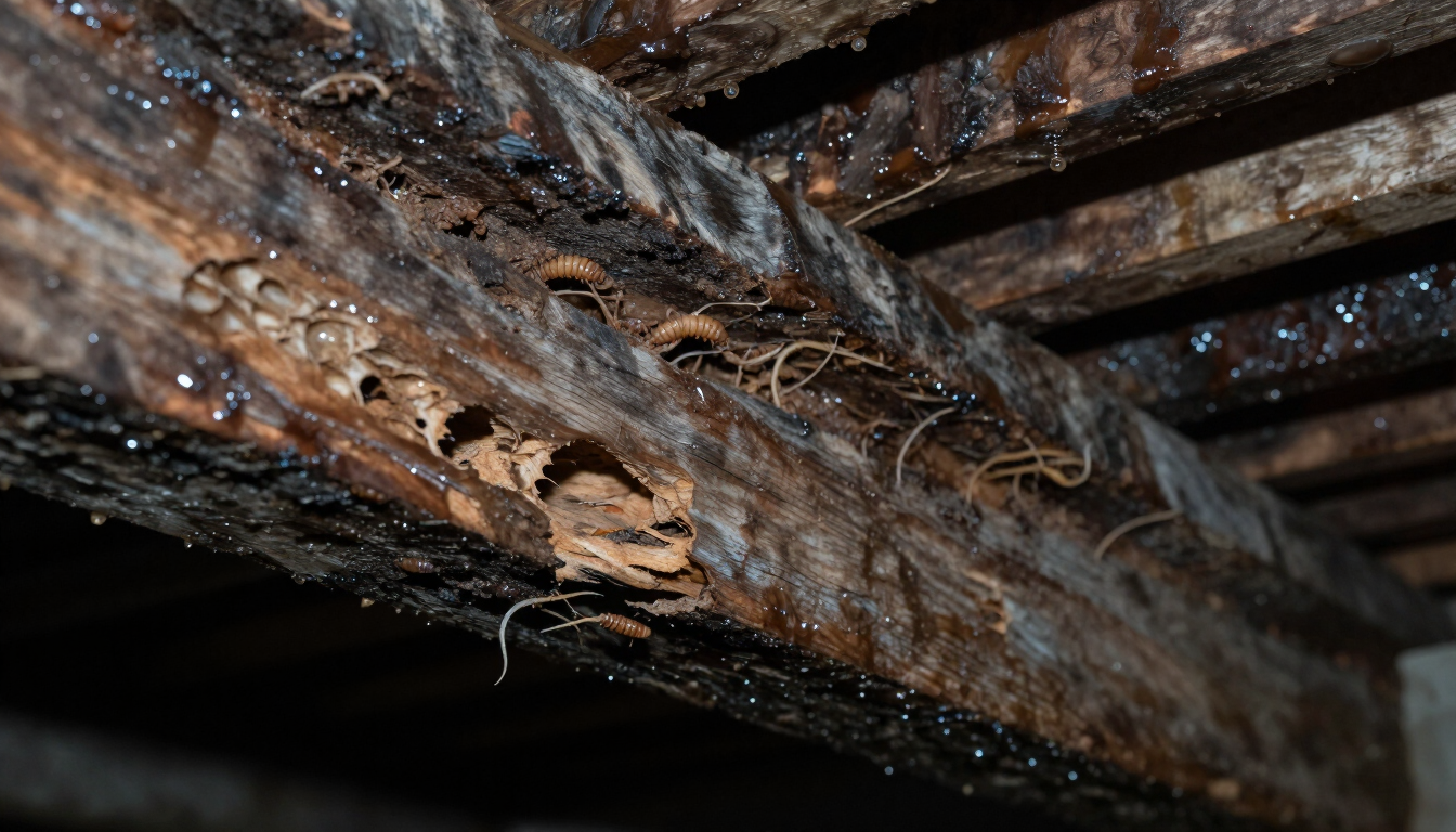 Close-up of termite mud tubes on a damp concrete foundation wall.