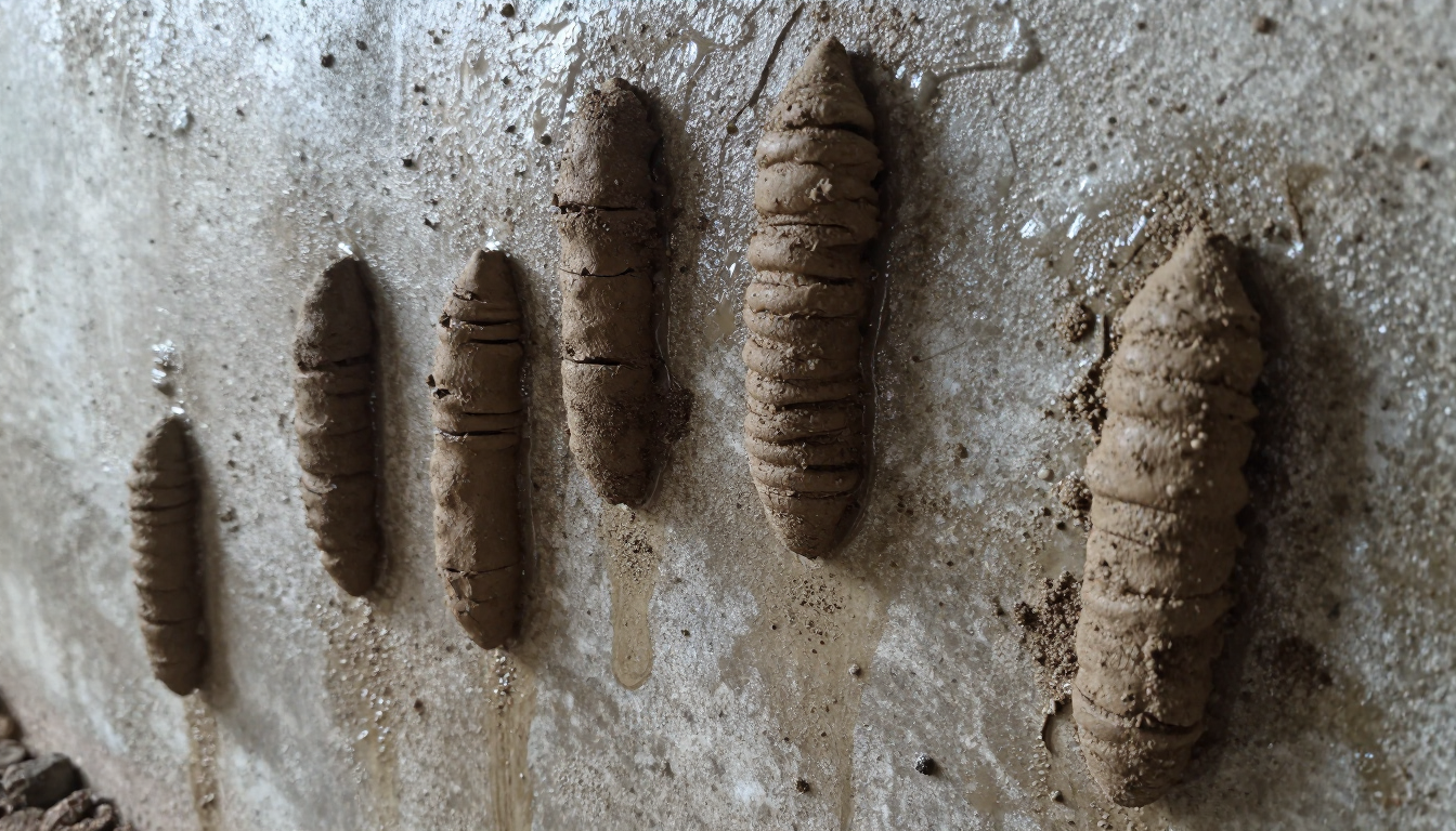 Subterranean termite mud tubes on a damp basement wall