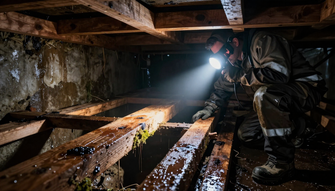 A technician inspecting a damp crawl space for moisture and pests