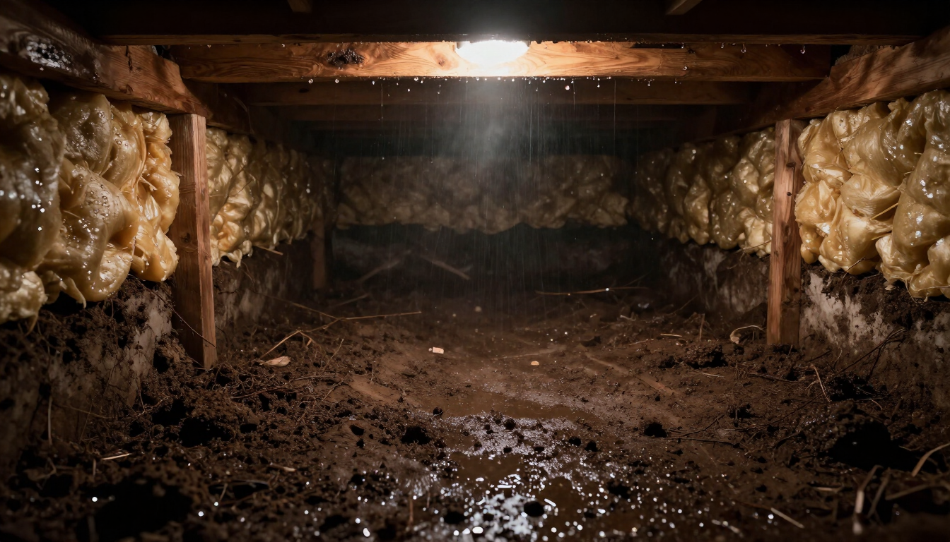 Damp crawl space with visible moisture issues