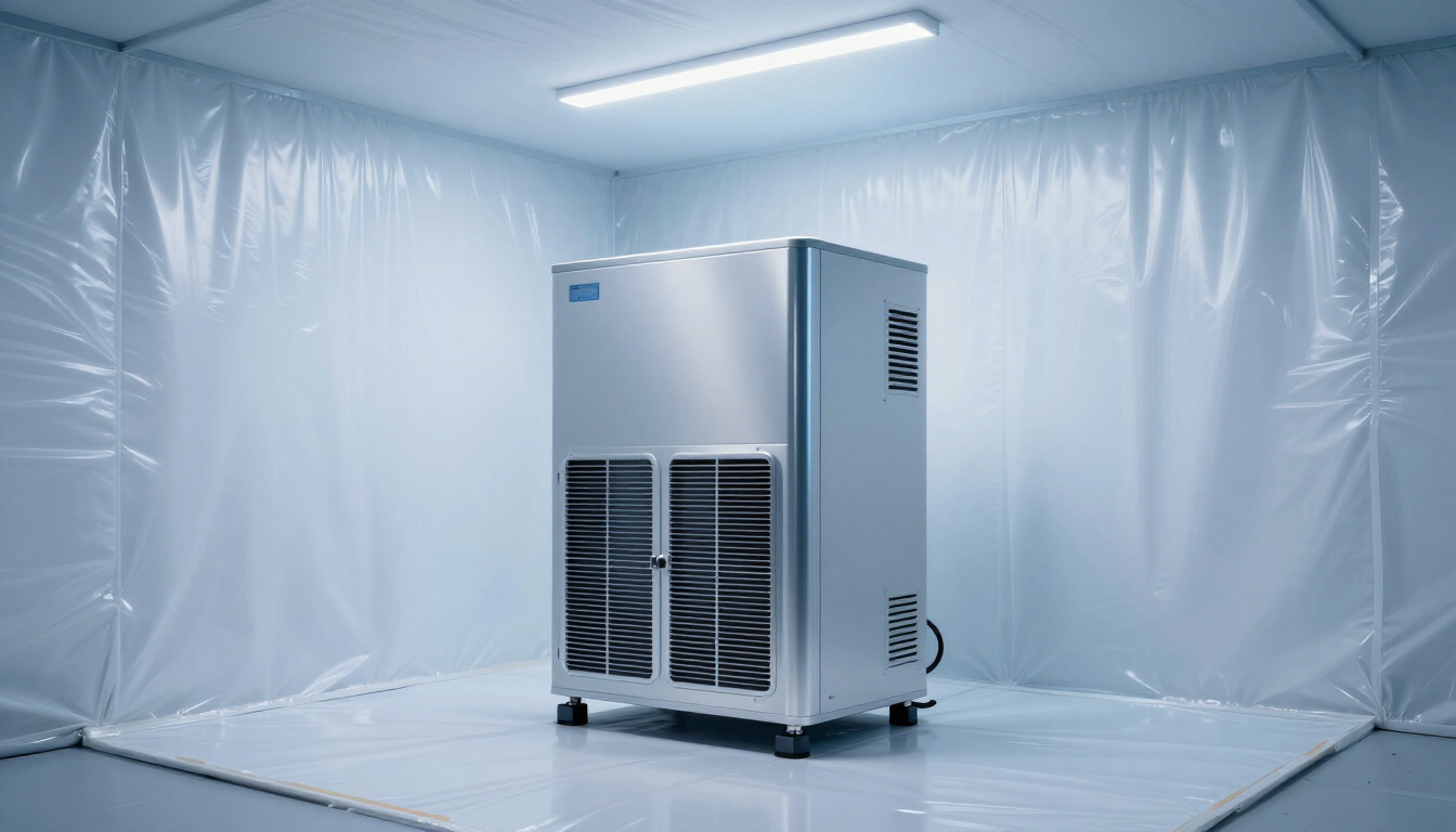 A professional grade dehumidifier installed in a clean crawl space