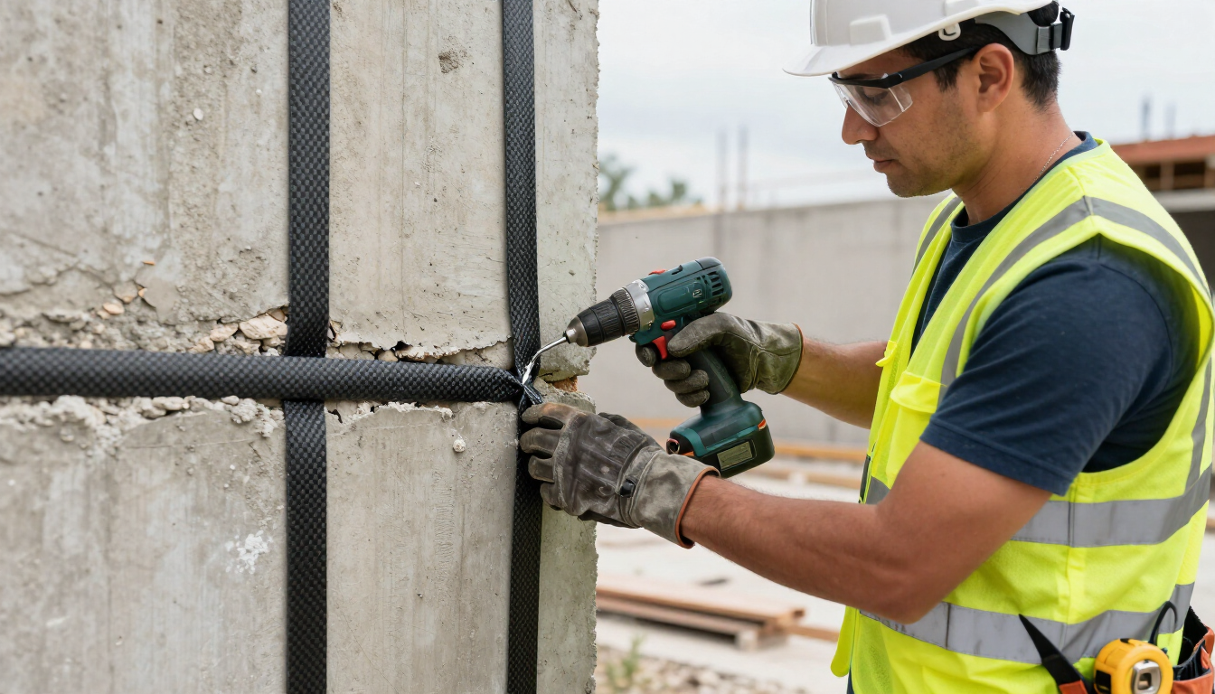 Workers reinforcing a basement wall with carbon fiber straps