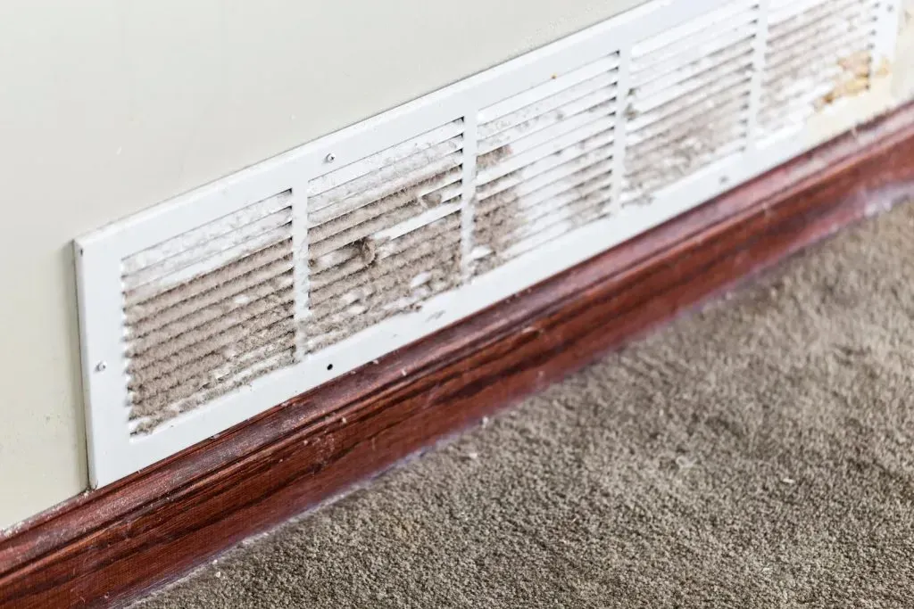 A white floor air vent covered in thick, dark dust and debris, installed against a wall with brown trim and carpet.