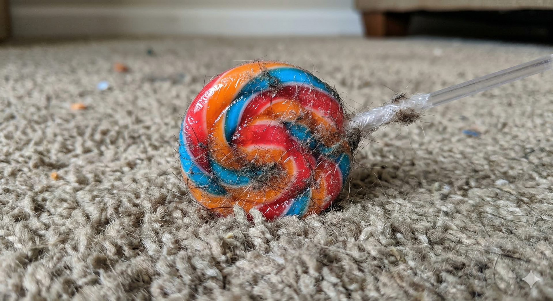 A colorful, swirled lollipop lying on beige carpet, covered in small dark ants.