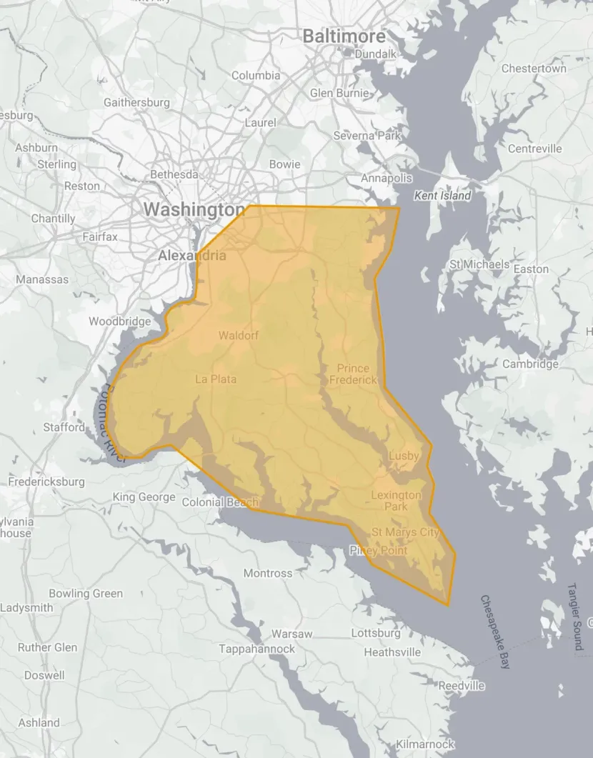 A map showing a gold-shaded region covering parts of Maryland between Washington, D.C., and the Chesapeake Bay.