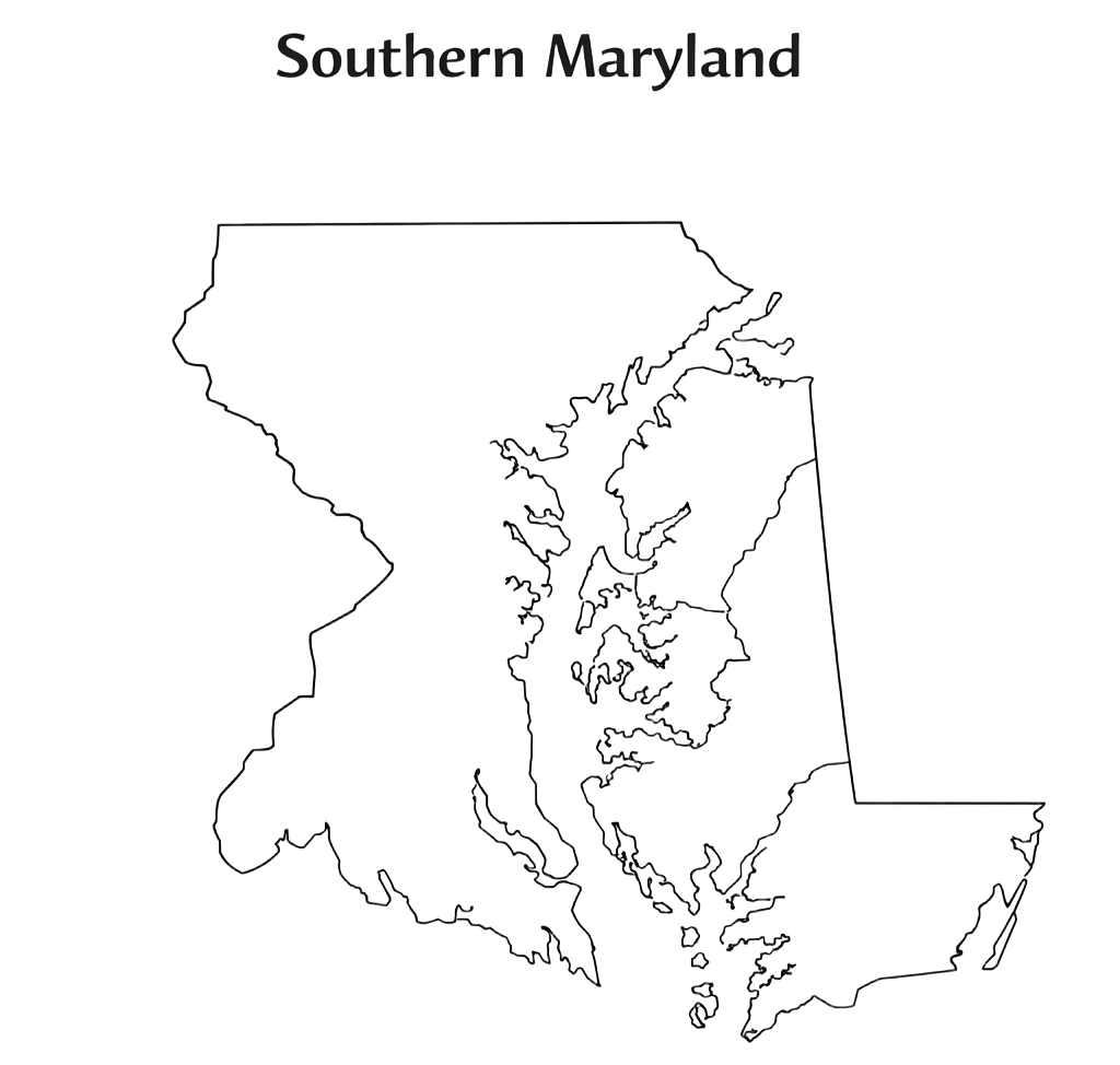 A black and white line map of the Southern Maryland region, outlining the peninsulas and bordering bodies of water.