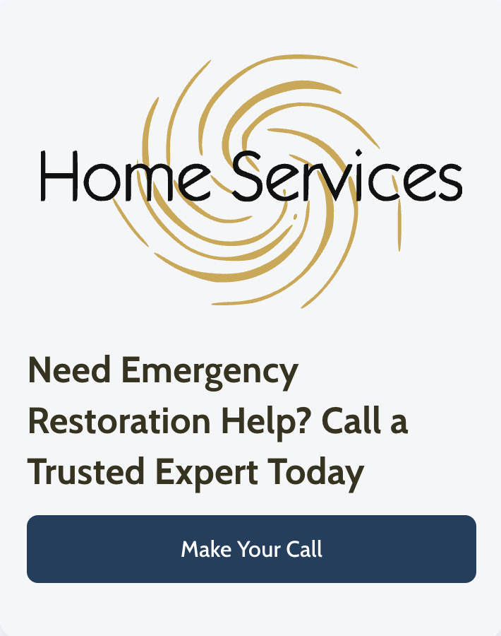 Promotional graphic for emergency restoration home services with a gold spiral logo and a “Make Your Call” button.