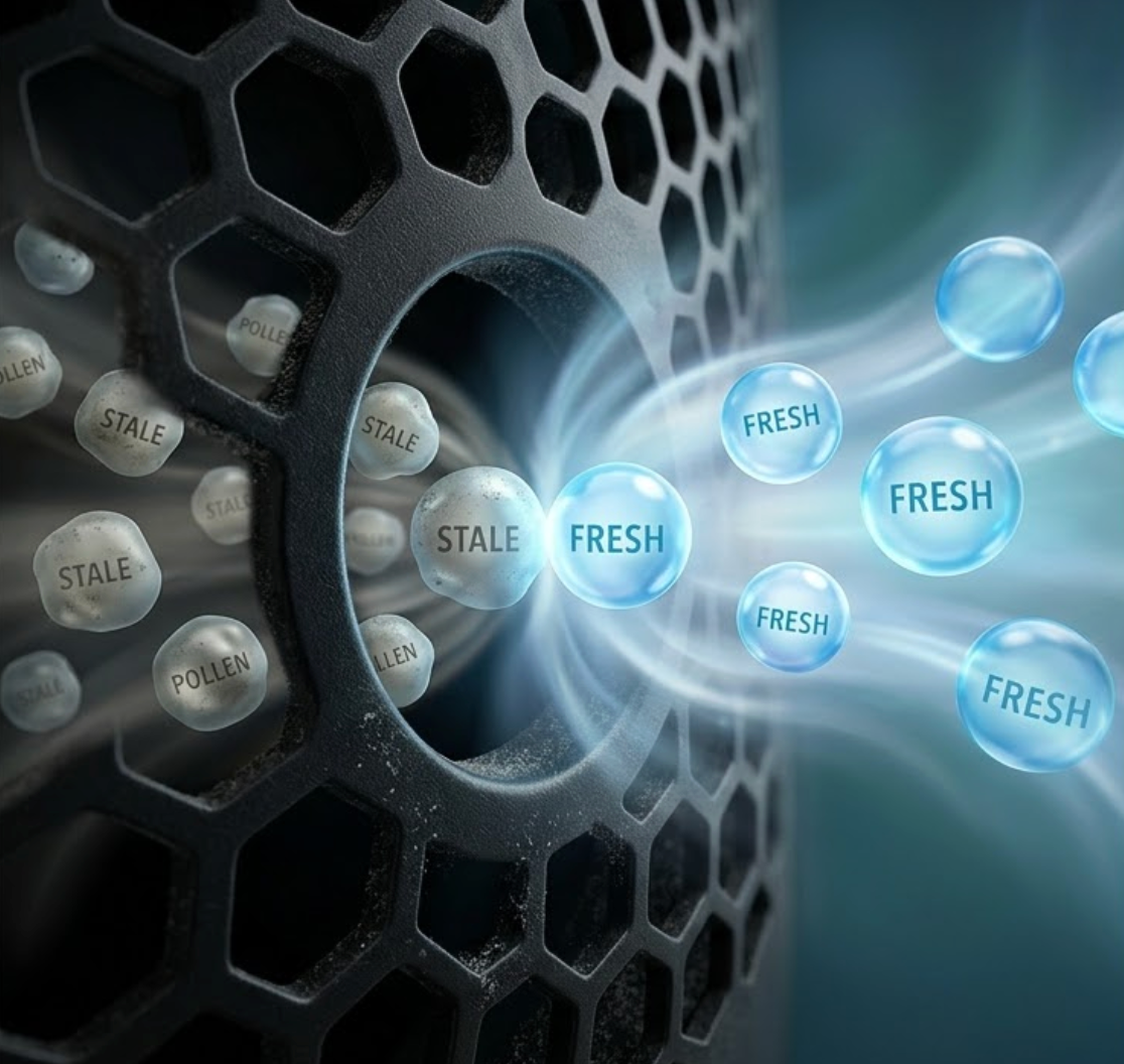 A honeycomb-patterned filter traps grey, stale particles, transforming them into glowing blue spheres labeled