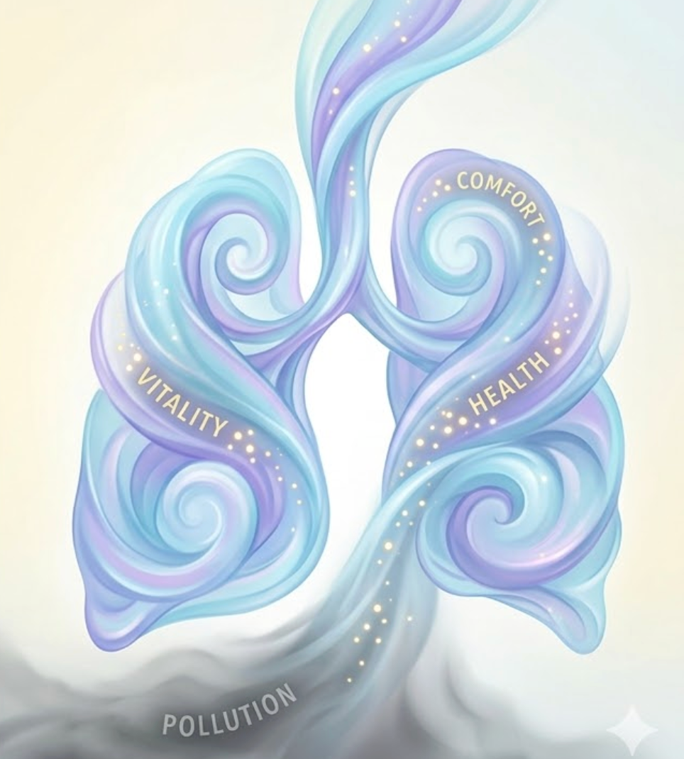 Stylized illustration of lungs formed from blue and purple swirls, labeled