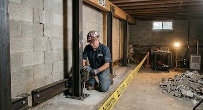 A worker installs steel reinforcement beams against a cracked concrete block wall in a basement.