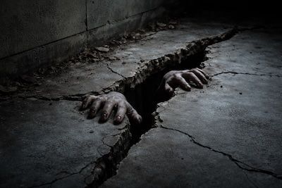 Two pale, weathered hands emerge from a jagged crack in a dark, concrete floor.
