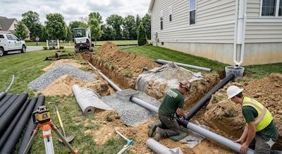 Two workers in safety gear install drainage pipes in a trench alongside a residential house.