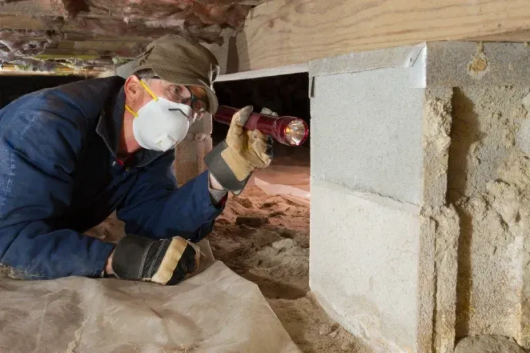 A person in a mask, hat, and work gloves uses a flashlight to inspect a crawl space support pier.