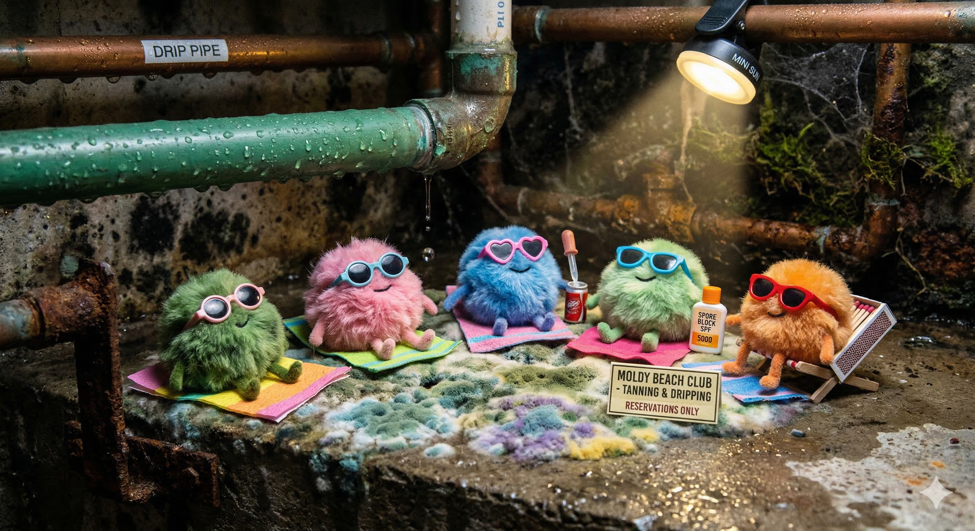Five colorful, furry creatures wearing sunglasses lounge on miniature beach towels under a spotlight in a damp basement.
