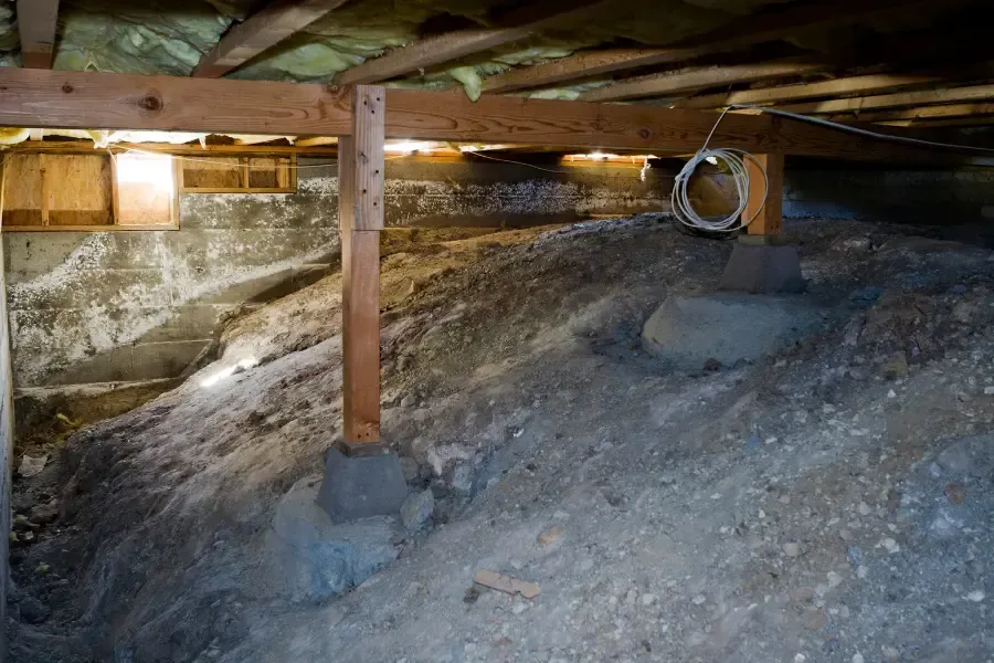 A crawl space with a dirt floor, concrete foundation walls, and wooden support beams resting on concrete footings.