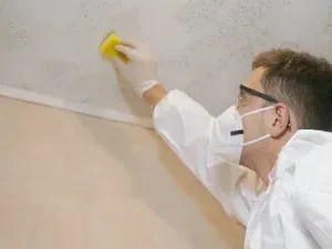 A person wearing protective gear cleans a ceiling with a sponge.
