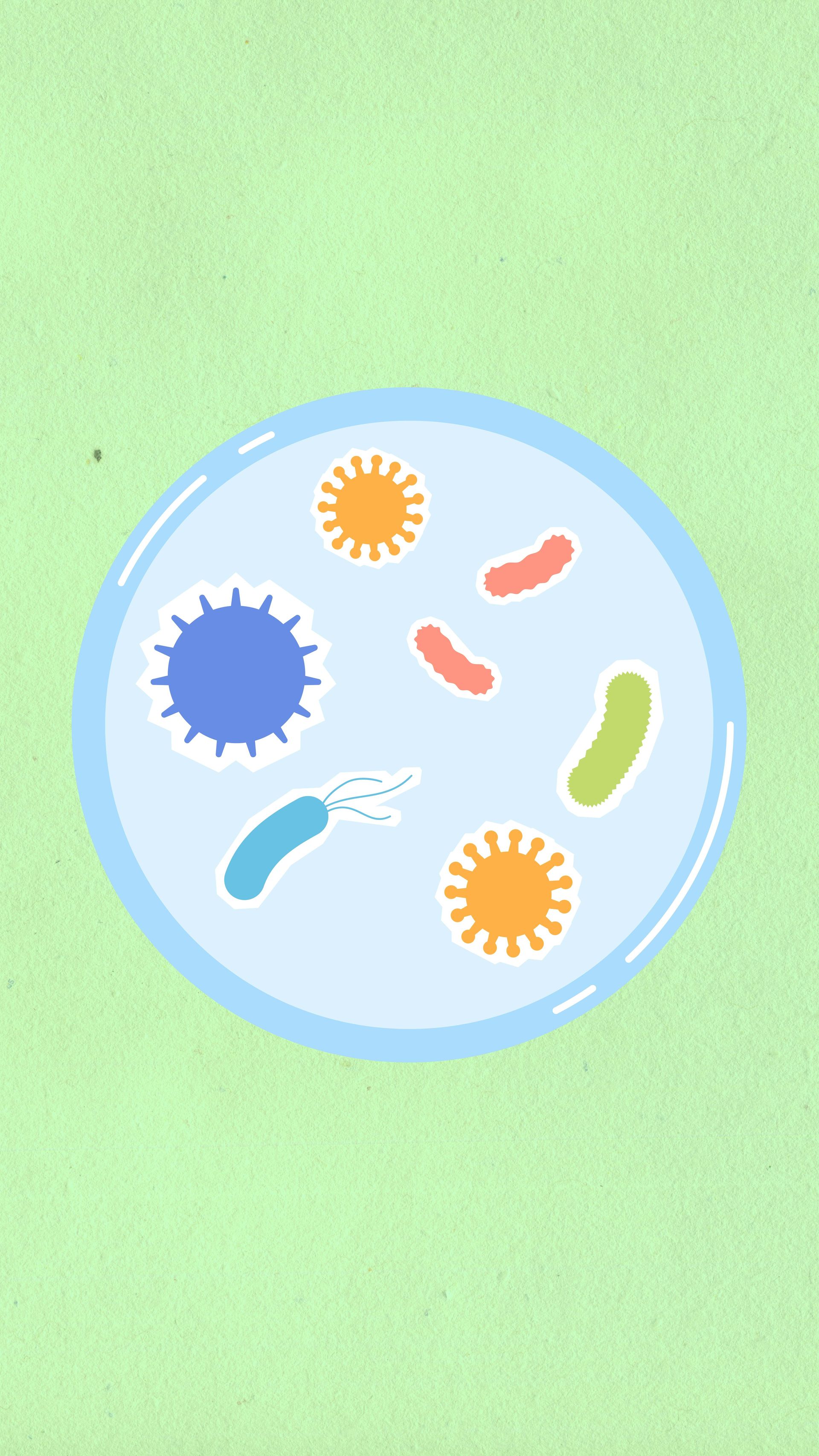 A petri dish on a light green background containing various colorful cartoon-style bacteria and viruses.