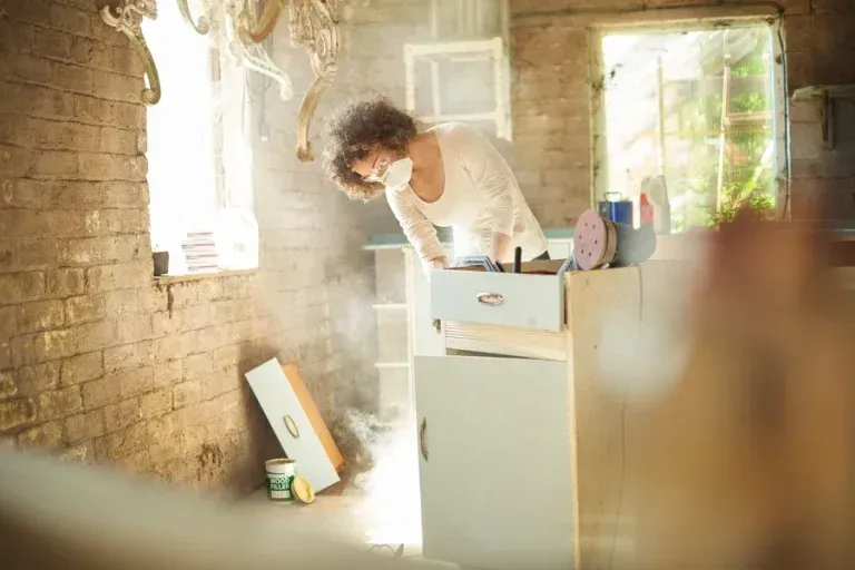 A person wearing a face mask sands a wooden cabinet in a dusty, sunlit room with exposed brick walls.