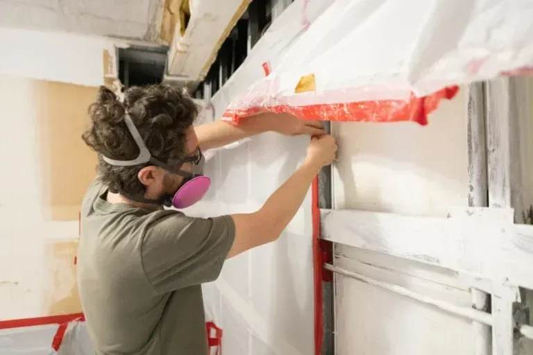A person wearing a respirator mask attaches plastic sheeting to a wall in a room undergoing construction.