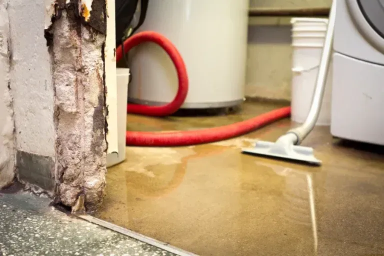A flooded basement floor with a red hose and a vacuum nozzle, near a water heater and a damaged wall corner.
