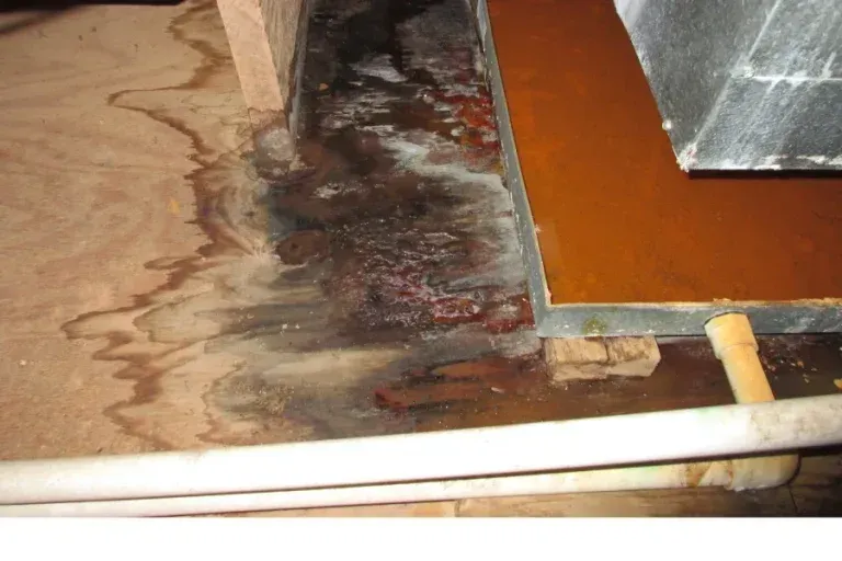A water-damaged attic floor with dark stains surrounding an HVAC unit and drainage pipe, indicating a significant leak.