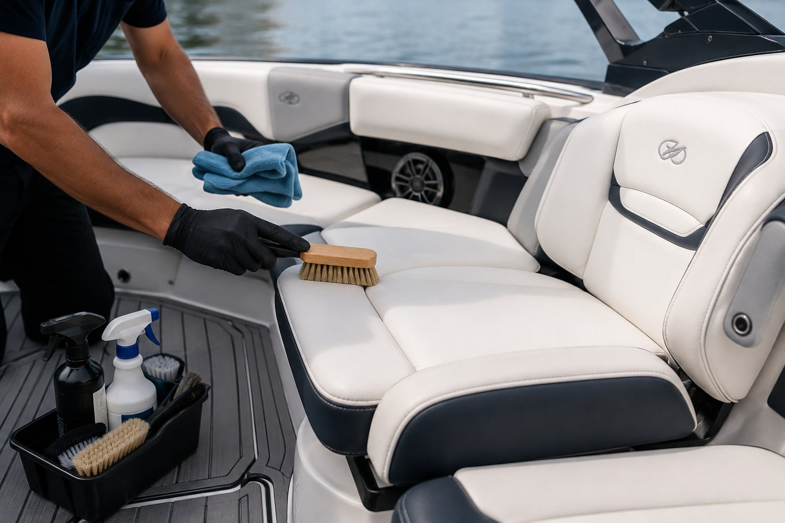 Person washing a white RV with a long-handled brush outdoors