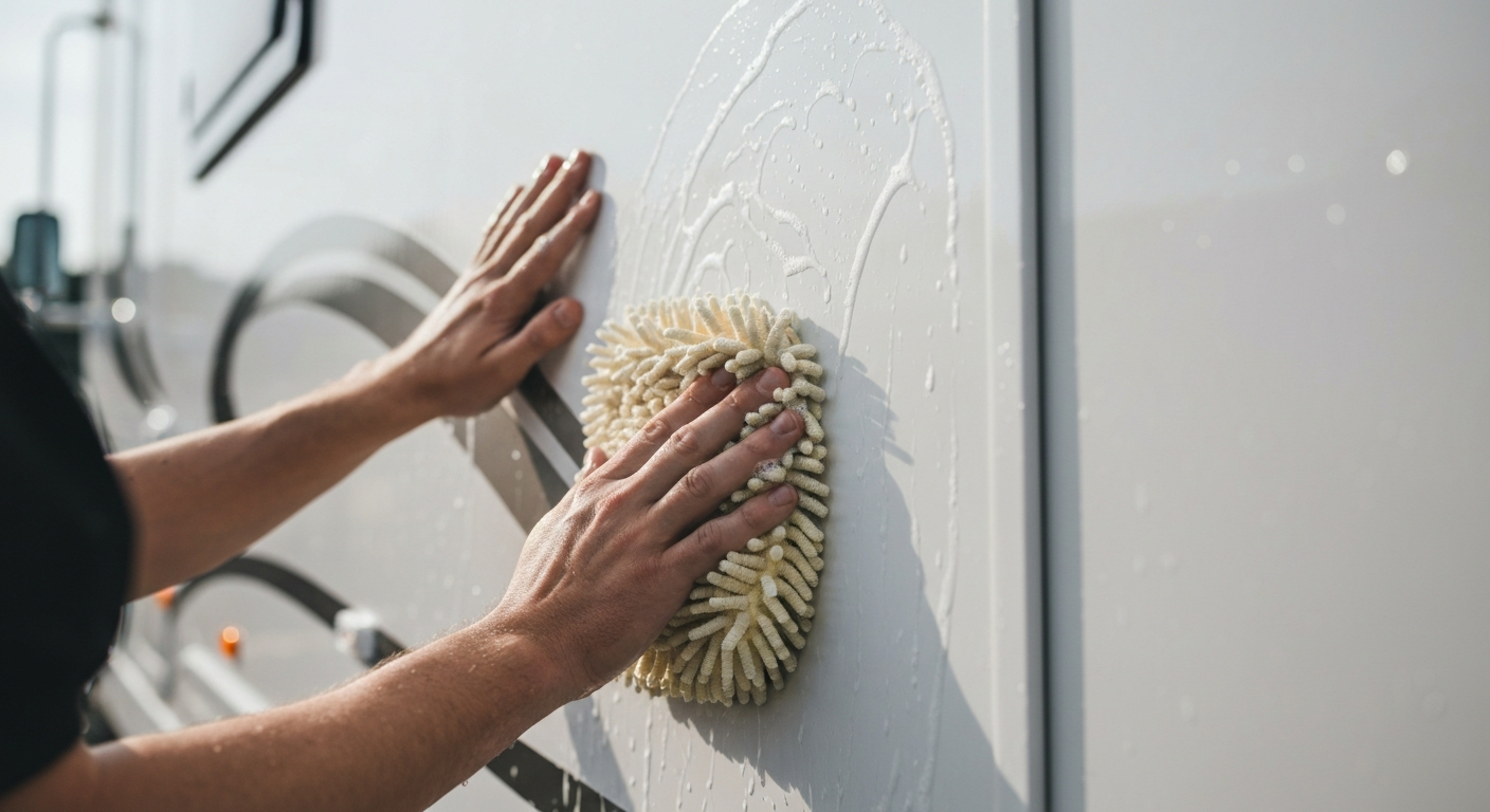 Hands washing a white van with a sponge and cloth.