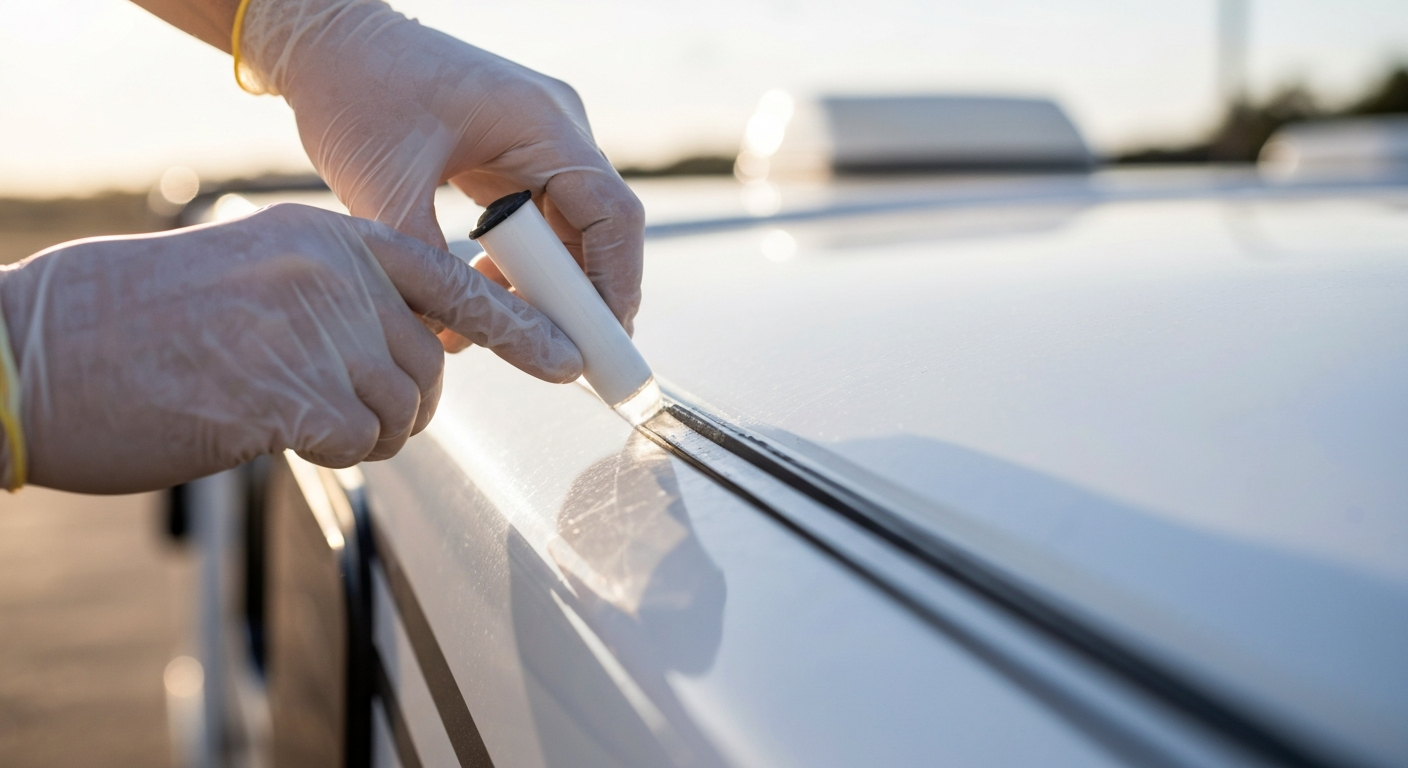 Gloved hands applying paint or sealant to the side of a white car in sunlight