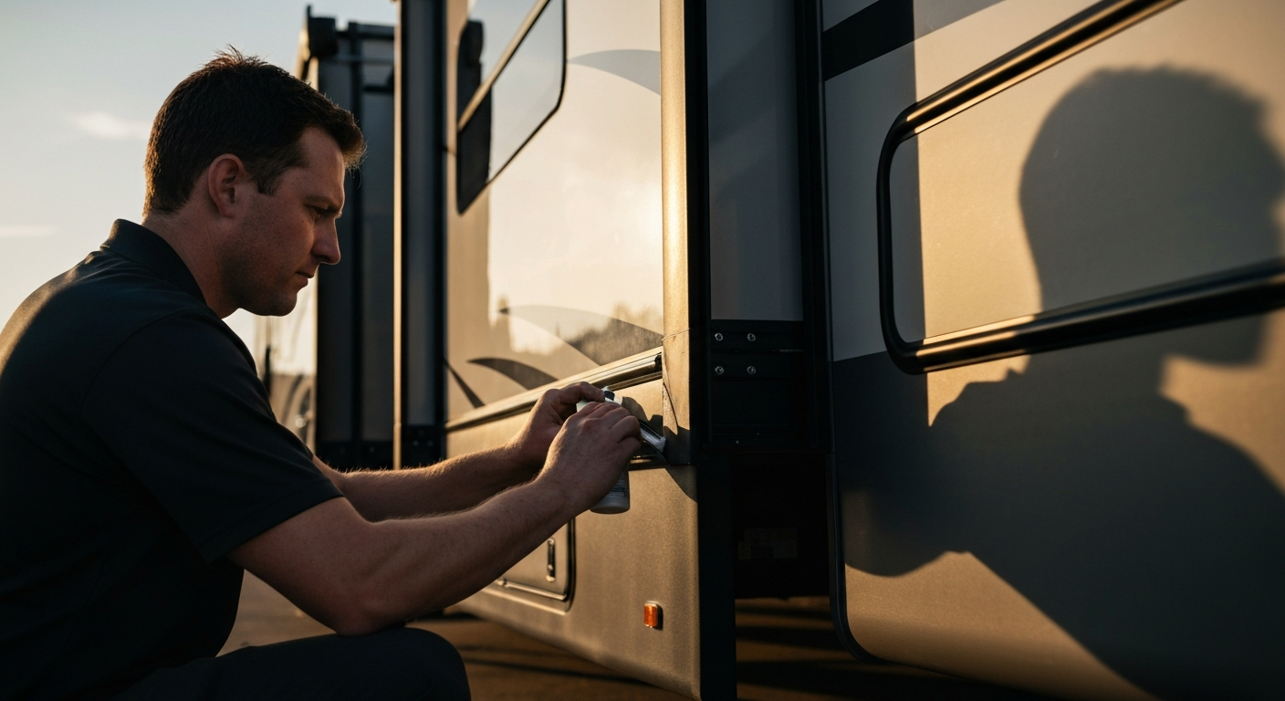 Person using a tablet beside a bus at sunset