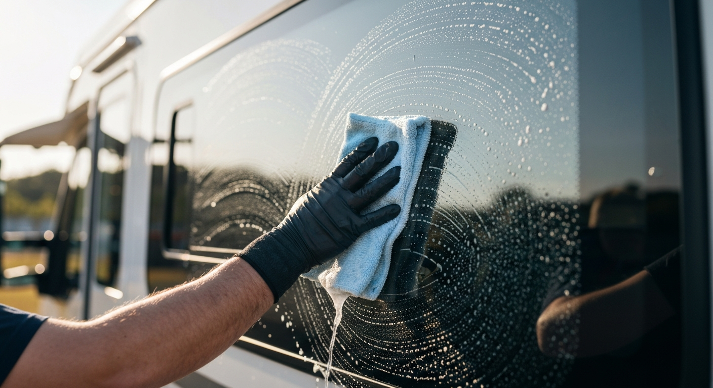 Gloved hand wiping soap from a vehicle window with a blue cloth