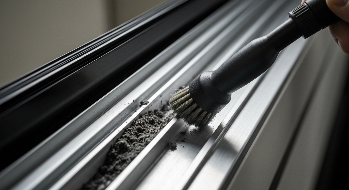 Brush cleaning dust from a gray window track