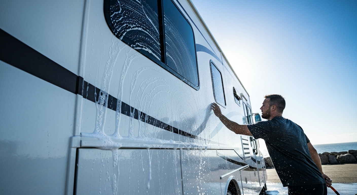 Person washing a white RV outdoors under bright sunlight